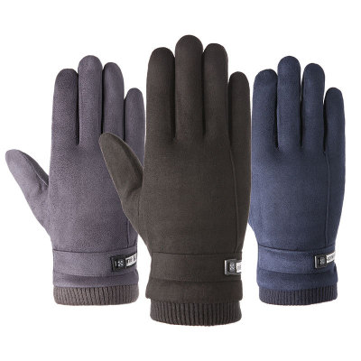 Warm Gloves Men's Winter Suede Touch Screen Driving Outdoor Cycling Fleece-Lined Non-Slip