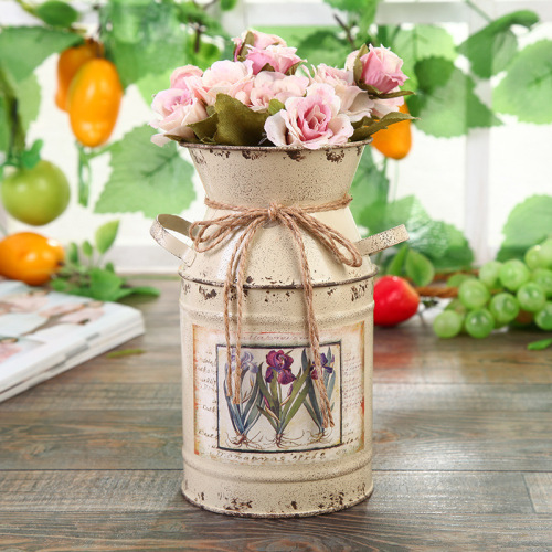 creative milk pot shape idyllic and retro flavor style handmade flower arrangement iron bucket decoration flower bucket