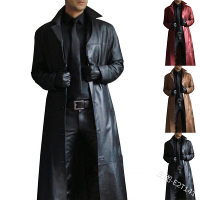 Cross-Border Supply Polo Collar Solid Color Trench Coat Slim-Fit Leather Long Leather Coat Men's Jacket E2t141 Foreign Trade