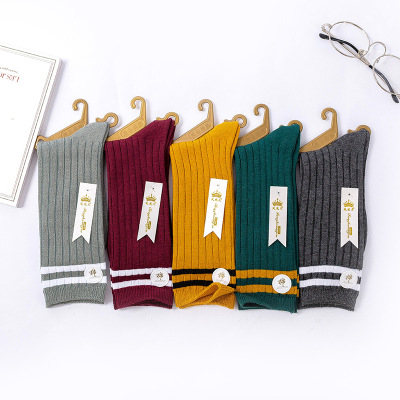 Socks Female Autumn and Winter New Double Japanese Style Mid-Calf High Length Bunching Socks Parallel Bars and Stripes Retro Socks Factory Direct Sales