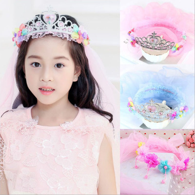 Korean Children Headwear Princess Veil Veils Crown Crown Little Girl Hair Accessories Headband Girl Garland Wholesale