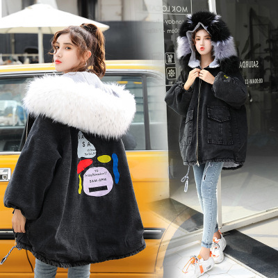 2020 New Embroidery Denim Parka Women's Mid-Length Big Fur Collar Rabbit Plush Thickened Cotton-Padded Coat for Women