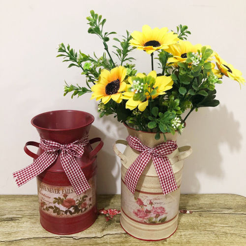 factory direct pastoral style flower arrangement bucket creative vase with bow iron bucket photography props flower pot decoration