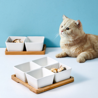 Cat Bowl Cat Snack Plate Ceramic Double Bowl Kitten Bowl Water Bowl Dog Puppy Solid Wood Anti-Tumble Pet Supplies