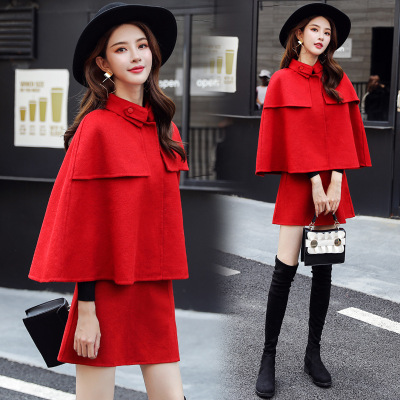 Chanel Style Suit Dress Two-Piece Shawl Cape Woolen Coat Women's Autumn and Winter Western Style Short Look Tall Fashionable