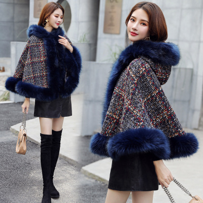 Autumn and Winter New Korean Style Faux Fox Fur Fur Coat Women's Hooded Plaid Shawl Cape Woolen Coat