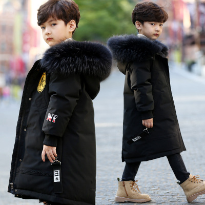 Children's down Jacket Boys' Mid-Length Boy New Korean Style Fashionable Thickening of Child 6-15 Years Old Coat 0817