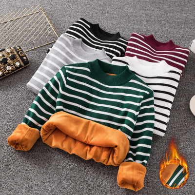 Fall/Winter 2020 Latest Mock-Neck Stripes Knitwear Slim Fit Outer Wear Fleece Thick Bottoming Shirt Long Sleeve Sweater for Women
