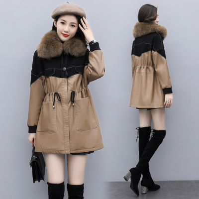 Short-Height Contrast Color Big Fur Collar Parker Cotton Coat Jacket 2020 New Women's Waist Slimming and Velvet Padded Cotton-Padded Jacket Winter Fashion