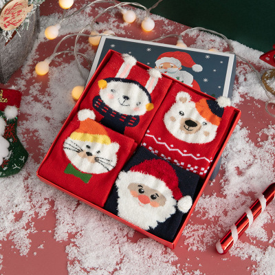 New 4 Pack of Christmas Stockings Cartoon Cotton Gift Box Socks li ti wa Personalized Mid-Calf Length Socks Currently Available Wholesale