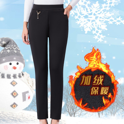 Urban Casual High Waist Trousers Elastic Waist Fleece Thickened Mom Pants Middle-Aged and Elderly Women's Pants Winter New
