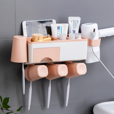 J52-Y035 Multi-Functional Toothpaste Toothbrush Holder Tooth-Cleaners Set Wall-Mounted Punch-Free Integrated Toothbrush Rack