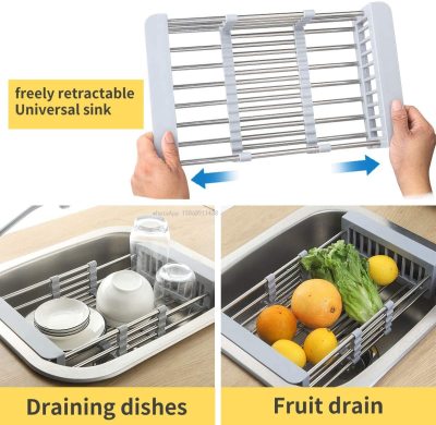 Dish Drying Sink Rack Drain Strainer Adjustable Stainless Steel Colanders Basket for Home Kitchen Storage Vegetable Frui