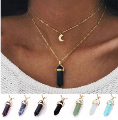 Glass Hexagon Prism Necklace European and American Fashion Double-Layer Moon Crescent Bullet Spirit Pendant Necklace