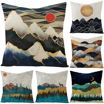 Gm019 Home Decoration Supplies Landscape Painting Linen Pillow Case Custom Geometric Abstract Sofa Cushion Cover