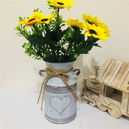 Peicheng Home Decoration Vintage Distressed Iron Sheet Binaural Milk Pot Hemp Rope Bow Heart-Shaped Binaural Milk Pot Flower Arrangement