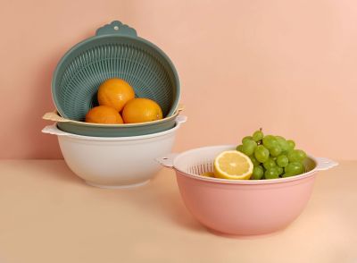 Creative Multi-Functional Draining Basket Double-Layer Household Kitchen Fruit and Vegetable Washing Basin round Fruit Basket Plastic Vegetable Basket