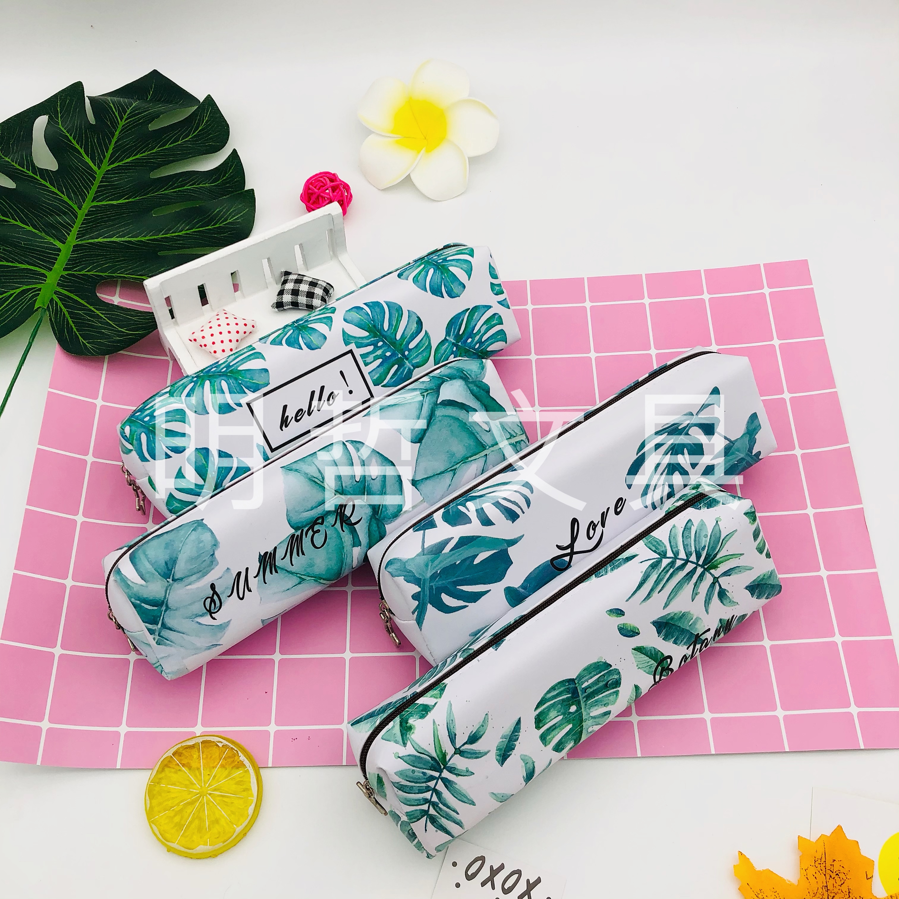 创意八角笔袋清新绿叶简约学生收纳袋