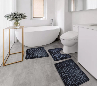 Simple Solid Color Embossed Toilet Toilet Set Floor Mat Three-Piece Flannel Absorbent Non-Slip