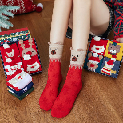 Women's Cartoon Santa Claus Mid-Calf Length Socks Red Red New Year Socks Christmas Socks Four Pairs Gift Box