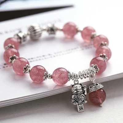 Natural Strawberry Quartz Bracelet Women's Fine 925 Sterling Silver Mantra Lucky Cat Pink Crystal Attracting Male Lucky String