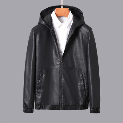 Men's Korean-Style Slim-Fit Hooded Leather Jacket Handsome Motorcycle Clothing Casual Jacket 2020