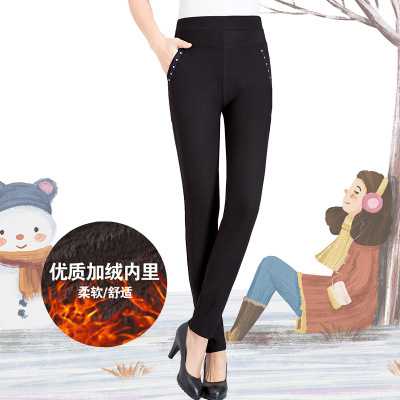 2020 New Middle-Aged Women's Casual Pants Fleece Thick Warm Trousers Pants for the Old L Mom Pants dong kuan