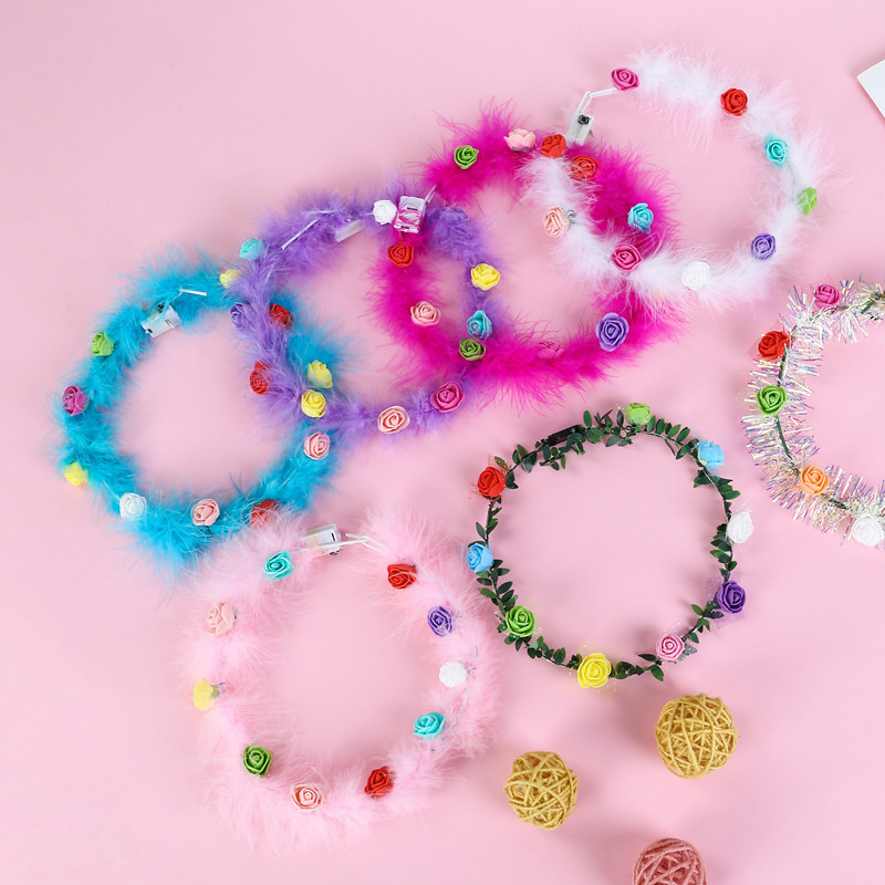 厂家直销发光羽毛花环带灯七彩花环批发景区夜市爆款头饰发光玩具