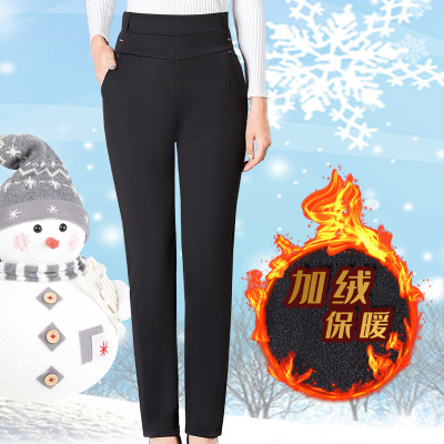 New Fleece Warm Imitation Super Soft Women's Casual Pants Winter Workplace Women's Pants High Waist Slim Fit Mom Pants Pure Black