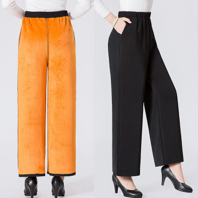 New Fleece Thickened Winter Golden Fleece Straight Wide Leg Women's Pants Warm and Loose Middle-Aged and Elderly Women's Large Size Casual Pants