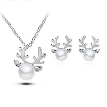 New European and American Hot Sale at AliExpress Rhinestone Pearl Antlers Necklace Ornament Christmas Earings Set Necklace
