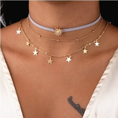Europe and America Cross Border Multi-Layer XINGX Flannel Sliced Five-Pointed Star Ladies Clavicle Chain Sun Multi-Layer Necklace Bead Necklace