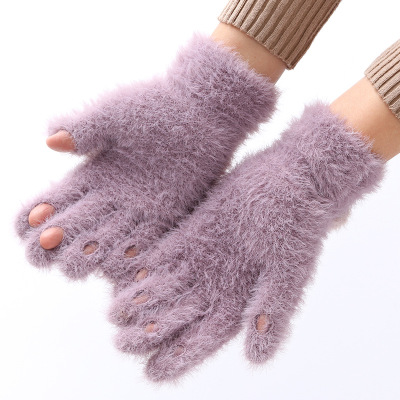 Autumn and Winter New Women's Warm Gloves Plush Open Finger Knitted Girls Leaky Finger Fashion Touch Screen Cold-Proof