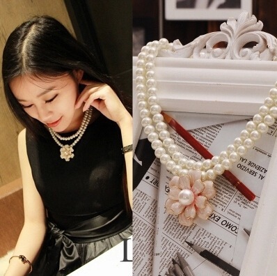 Pearl Petals Camellia Flower Short Double-Strand Necklace Female Ornament with Korean Ornament Fashion All-Match Clavicle Chain