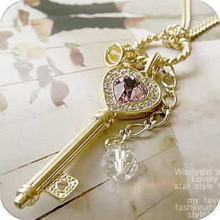 Ornament Korean Style Long Amethyst Love Gold Crown Key Necklace Sweater Chain Women's Clothing Accessories