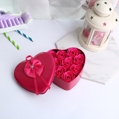 Foreign Trade Festival Iron Box Heart-Shaped 9 Flowers Soap Roses Wedding Creative Exquisite Gifts