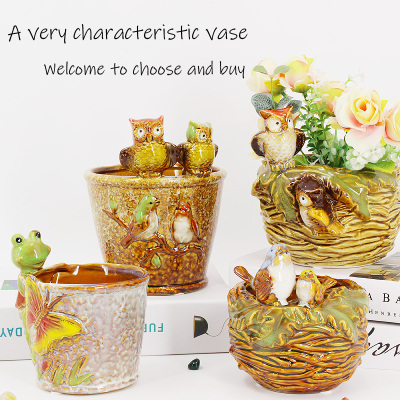 Ceramic Crafts Domestic Ornaments Bird Owl Flower Pot Flower Holder