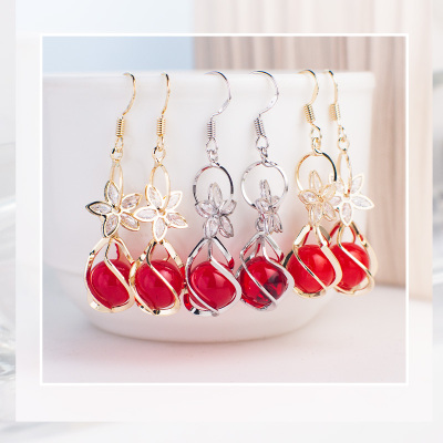 Red Agate Zircon Earrings Small Flower Earrings Red Pearl Festive Earrings Factory Straight Earrings No Ear Hole Cat Eye Earrings