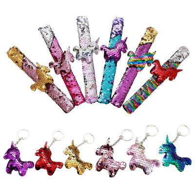 Cross-Border Hot Accessories Unicorn Sequins Ring Pop Bracelet Children Cartoon Color Double-Sided Sequins Bracelet Customized