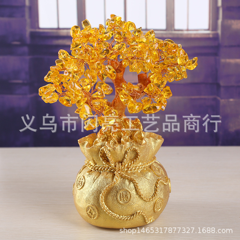 黄水晶装饰树工艺树装饰树钱袋摆件家居酒柜装饰工艺品