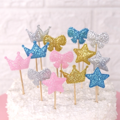 Situation Cake Decorative Card Glitter Five-Pointed Star Love Crown Bow Plug-in Party Dessert Paper Cup Dress up