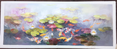New Chinese Style Lotus Fish Annual Fish Sofa Background Living Room Hanging Painting Pure Hand Drawing Oil Painting