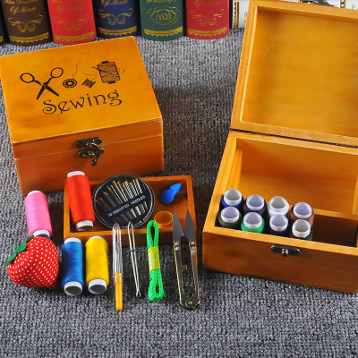 Wooden Household Portable Sewing Kit Solid Wood Sewing Box Cover Stitching Wire Sewing Tool Box