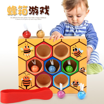 Wooden Children's Montessori Education Clamp Toy Beehive Early Childhood Games Educational Color Cognitive Clip Little Bee Toy