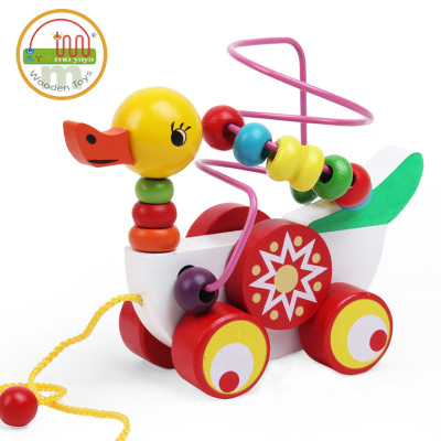 Factory Direct Sales Wooden Animal Duck Trailer Beaded Beads Cable Early Childhood Education Toys Wholesale 0.28