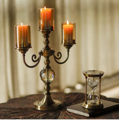 American Classical Metal Glass Three-Head Candlestick European Model House Retro Living Room Dining Table Entrance Decoration Ornaments
