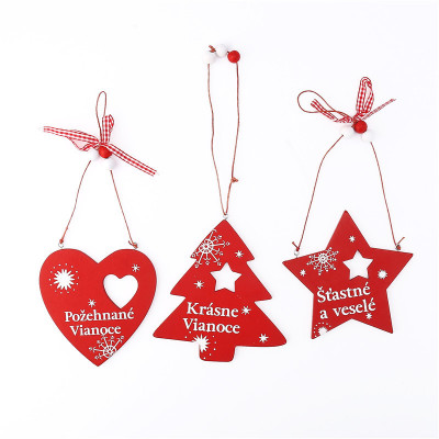 Wooden Bow Ornaments Printed Five-Pointed Star Show Window Decoration Gift Christmas Love Decoration Pendant