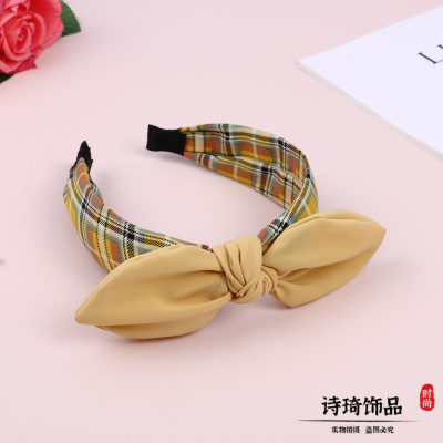 Middle Bow Decoration Wide Edge Fabric Plaid Headband Striped Interwoven Pattern Korean New Hair Band
