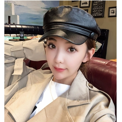 Internet Famous Hat Female Korean Ins All-Matching Flat-Top Cap Black Pu Navy Hat Student Trendy Shopping Cap