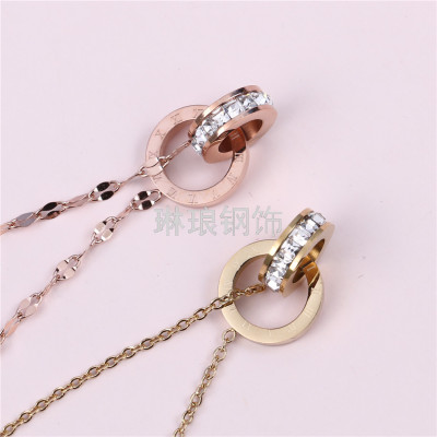 Titanium Steel Rose Gold Double Ring Necklace Clavicle Chain Colored Gold Pendant Ornaments Simple Cold Style Set Chain Necklace